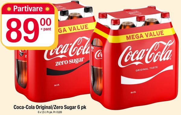 Coca-Cola Original/Zero Sugar 6 pk Partivare
+ pant
6 x 1,5 l. Pr pk. Pr l 9,89