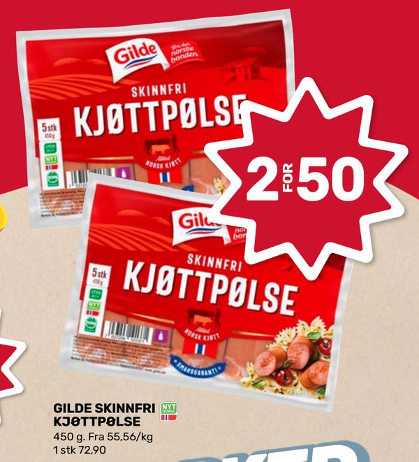GILDE SKINNFRI KJØTTPØLSE 450 g. Fra 55,56/kg
1 stk 72,90