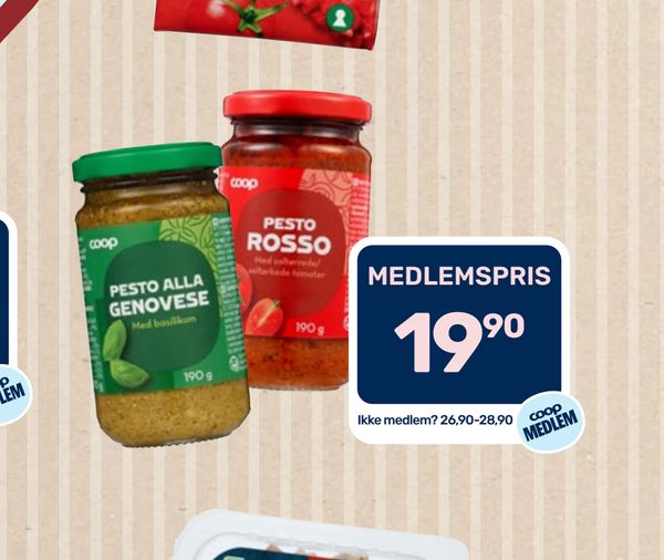 Coop Pesto PESTO ALLA GENOVESE Med basilikum 190 g PESTO ROSSO Med soltørkede/ soltørkade tomater 190 g MEDLEMSPRIS Ikke medlem? 26,90-28,90