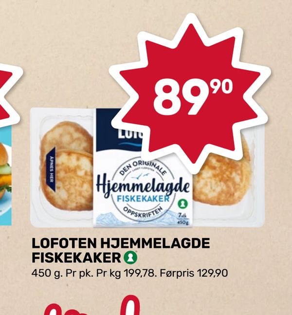 LOFOTEN HJEMMELAGDE FISKEKAKER 450 g. Pr pk. Pr kg 199,78. Førpris 129,90