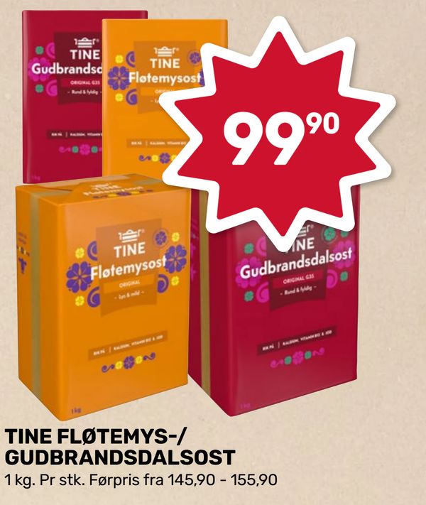 TINE FLØTEMYS-/ GUDBRANDSDALSOST 1 kg. Pr stk. Førpris fra 145,90 - 155,90