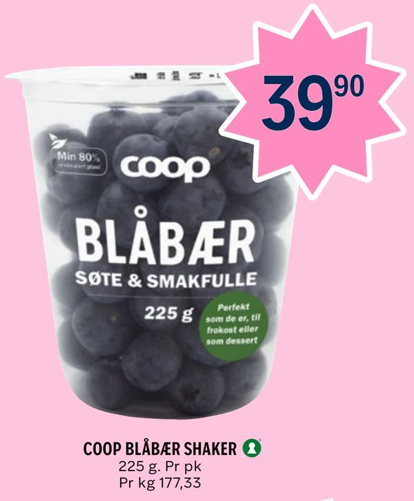 COOP BLÅBÆR SHAKER 225 g. Pr pk Pr kg 177,33