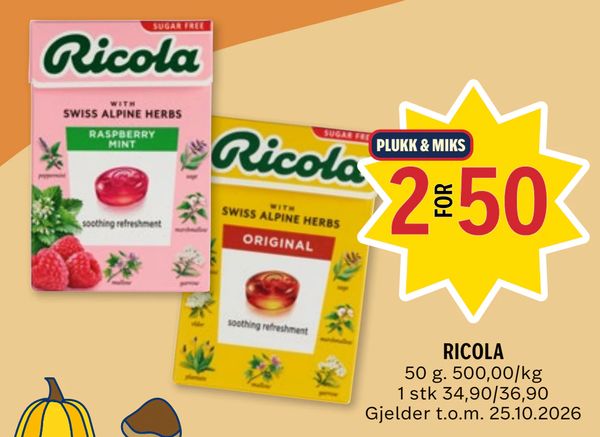 RICOLA PLUKK & MIKS 2 FOR 50 50 g. 500,00/kg 1 stk 34,90/36,90 Gjelder t.o.m. 25.10.2026