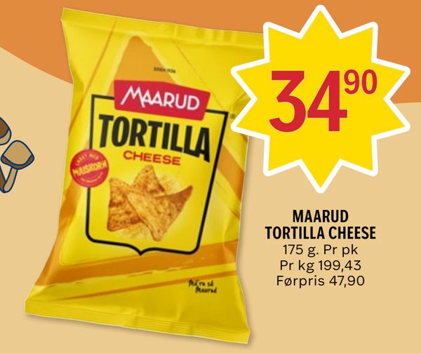 MAARUD TORTILLA CHEESE 175 g. Pr pk
Pr kg 199,43
Førpris 47,90
