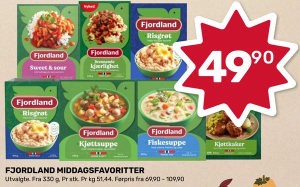 FJORDLAND MIDDAGSFAVORITTER Utvalgte. Fra 330 g, Pr stk. Pr kg 51,44. Førpris fra 69,90 - 109,90