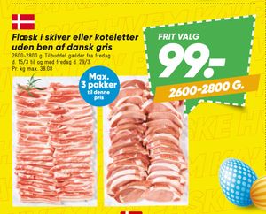 Flæsk i skiver eller koteletter uden ben af dansk gris