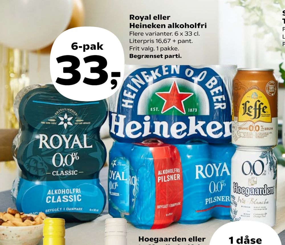 Tilbud på Royal eller Heineken alkoholfri fra SuperBrugsen til 33 kr.