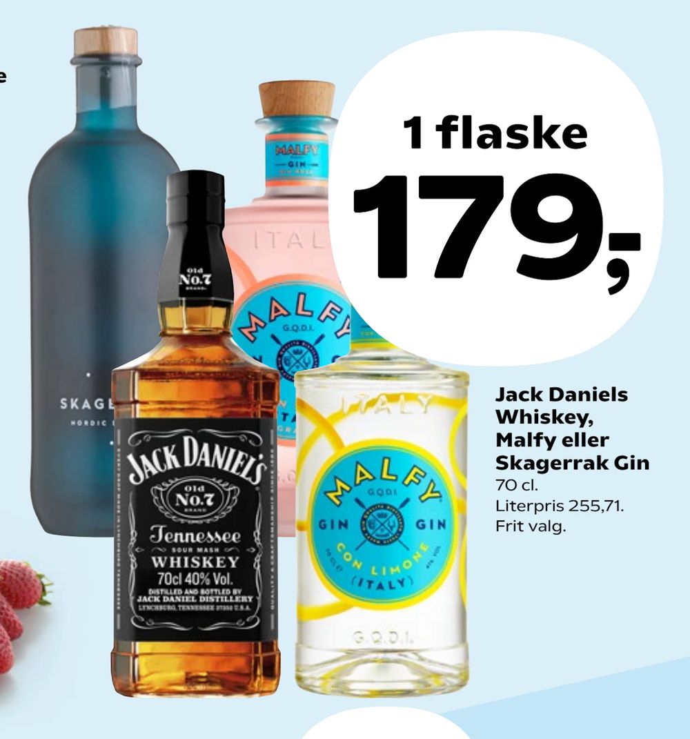 Tilbud på Jack Daniels Whiskey, Malfy eller Skagerrak Gin fra SuperBrugsen til 179 kr.