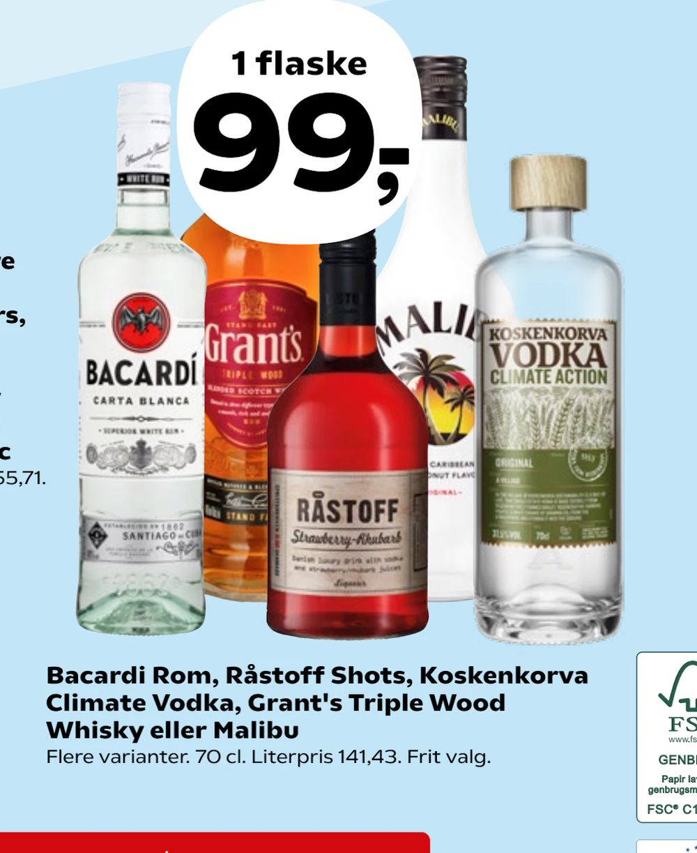 Tilbud på Bacardi Rom, Råstoff Shots, Koskenkorva Climate Vodka, Grant's Triple Wood Whisky eller Malibu fra SuperBrugsen til 99 kr.