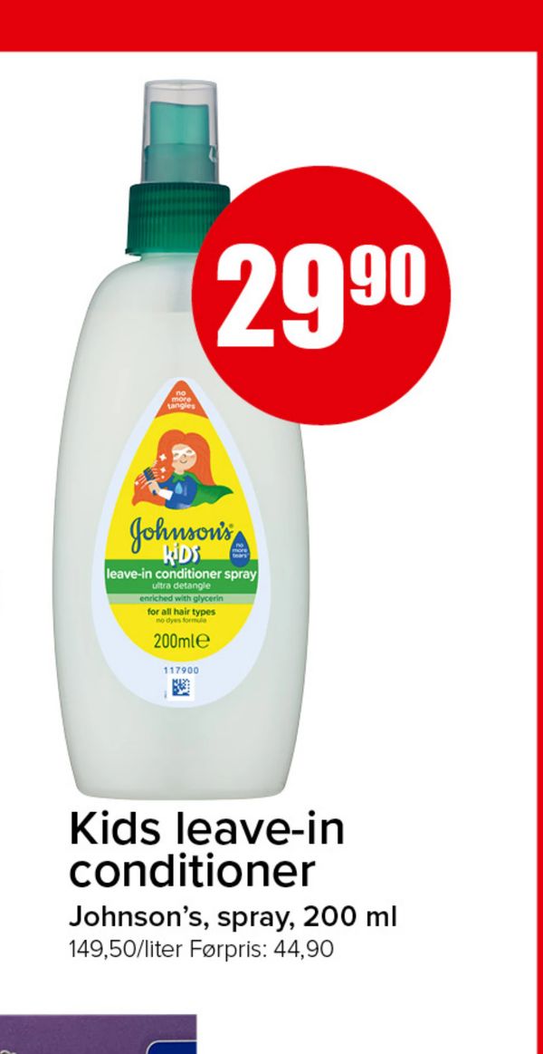 Kids leave-in conditioner Johnson's, spray, 200 ml 149,50/liter Førpris: 44,90