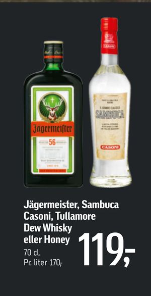 Jägermeister, Sambuca Casoni, Tullamore Dew Whisky eller Honey