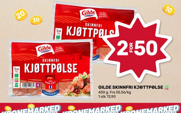 GILDE SKINNFRI KJØTTPØLSE 450 g. Fra 55,56/kg 1 stk 72,90