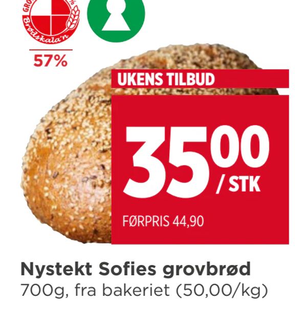 Nystekt Sofies grovbrød 700g, fra bakeriet (50,00/kg) 57% UKENS TILBUD 35,00 / STK FØRPRIS 44,90