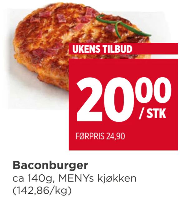Baconburger ca 140g, MENYs kjøkken (142,86/kg) UKENS TILBUD 20,00 / STK FØRPRIS 24,90