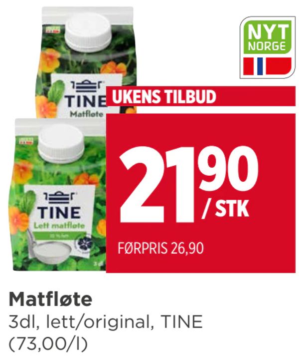 Matfløte 3dl, lett/original, TINE (73,00/l) UKENS TILBUD FØRPRIS 26,90