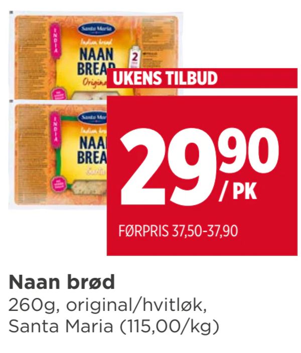 Naan brød 260g, original/hvitløk, Santa Maria (115,00/kg) UKENS TILBUD FØRPRIS 37,50-37,90