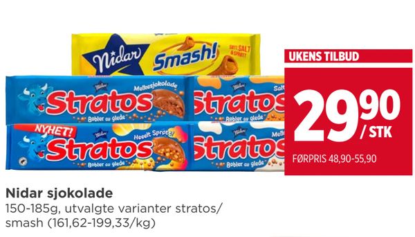 Nidar sjokolade 150-185g, utvalgte varianter stratos/ smash (161,62-199,33/kg) UKENS TILBUD FØRPRIS 48,90-55,90