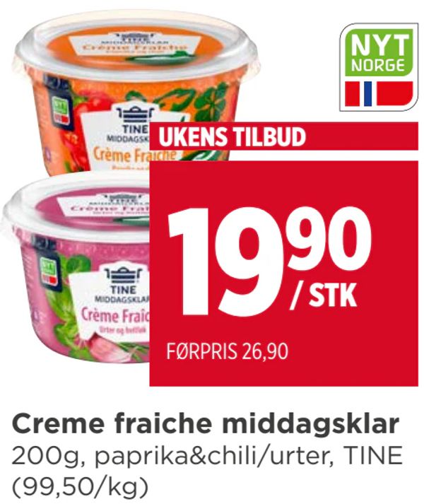 Creme fraiche middagsklar 200g, paprika&chili/urter, TINE (99,50/kg) UKENS TILBUD FØRPRIS 26,90
