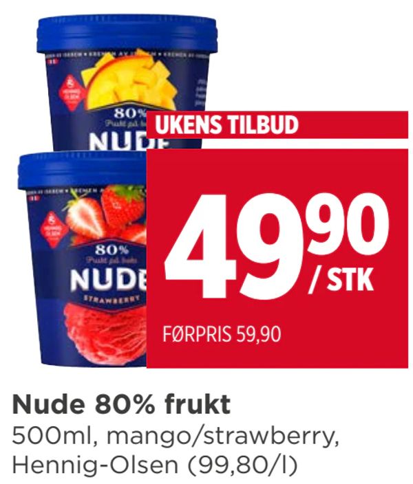 Nude 80% frukt 500ml, mango/strawberry, Hennig-Olsen (99,80/l) UKENS TILBUD FØRPRIS 59,90