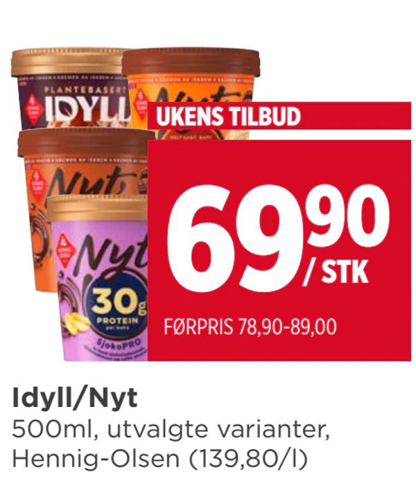 Idyll/Nyt 500ml, utvalgte varianter, Hennig-Olsen (139,80/l) UKENS TILBUD FØRPRIS 78,90-89,00
