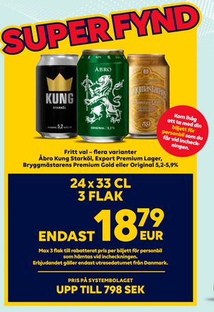Åbro Kung Starköl, Export Premium Lager, Bryggmästarens Premium Gold eller Original 5,2-5,9%