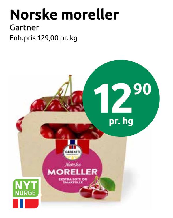 Norske moreller Gartner Enh.pris 129,00 pr. kg NYT NORGE pr. hg