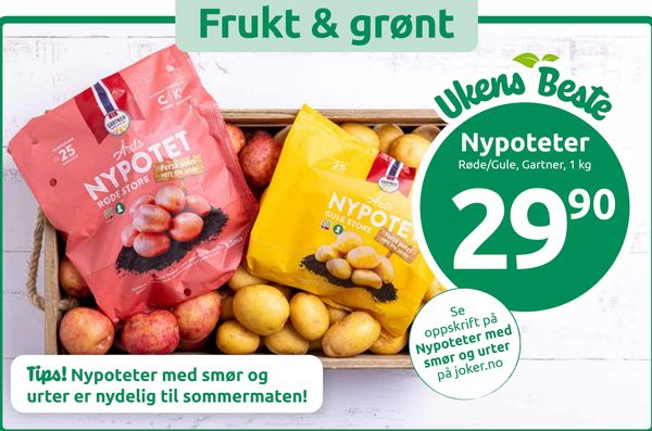 Nypoteter Røde/Gule, Gartner, 1 kg Ukens Beste Se oppskrift på Nypoteter med smør og urter på joker.no Tips! Nypoteter med smør og urter er nydelig til sommermaten!