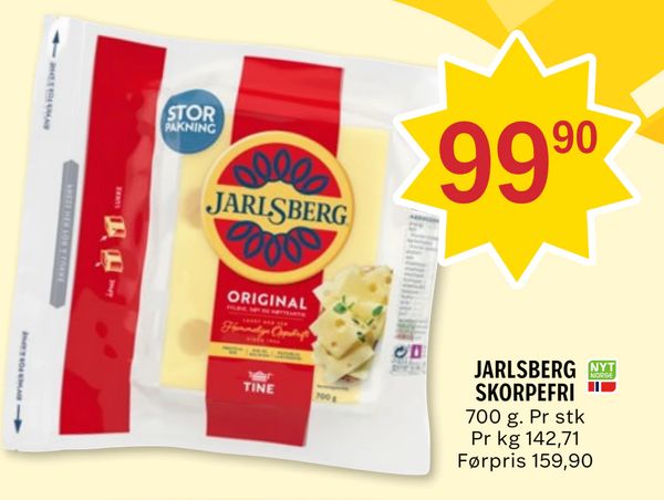 JARLSBERG SKORPEFRI 700 g. Pr stk Pr kg 142,71 Førpris 159,90