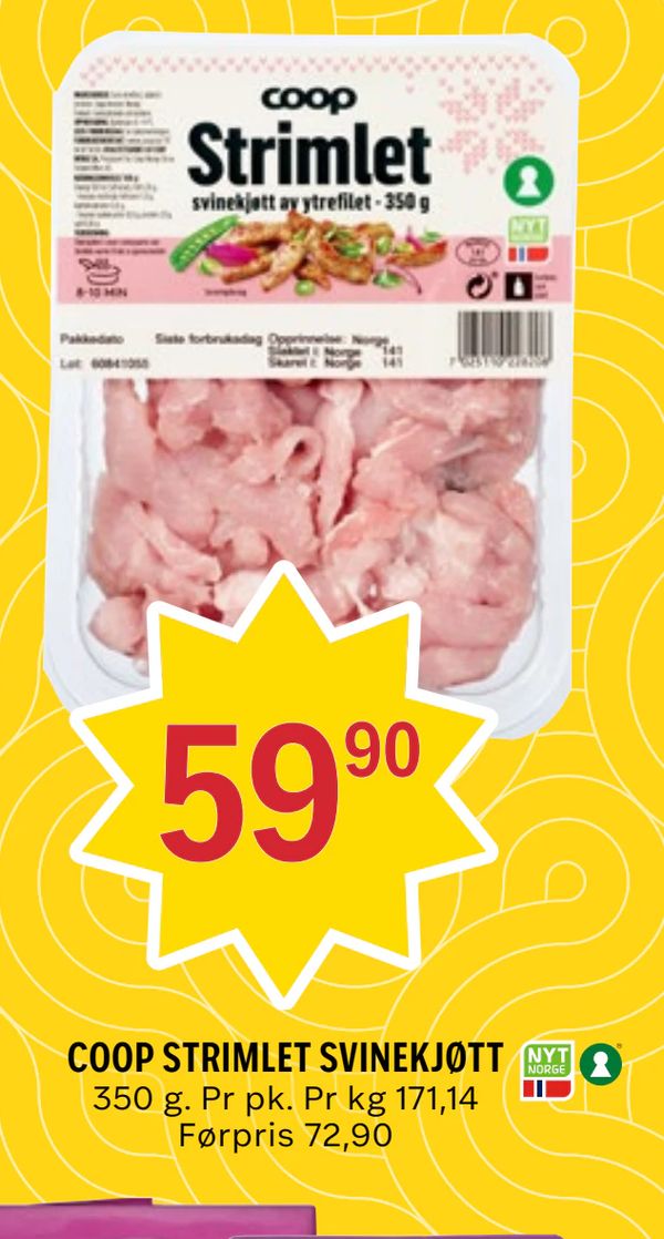 COOP STRIMLET SVINEKJØTT 350 g. Pr pk. Pr kg 171,14 Førpris 72,90