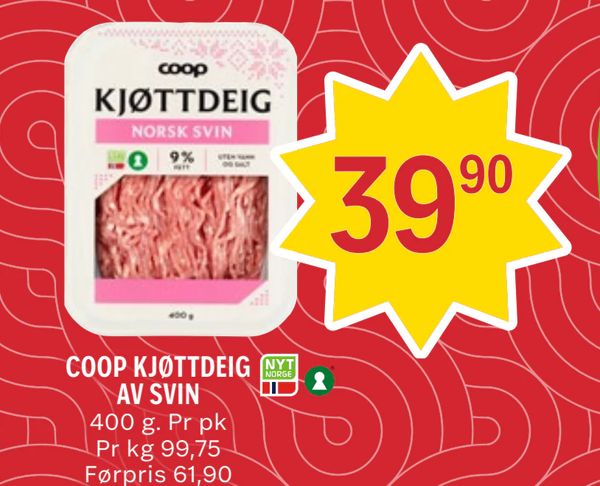 COOP KJØTTDEIG AV SVIN 400 g. Pr pk Pr kg 99,75 Førpris 61,90