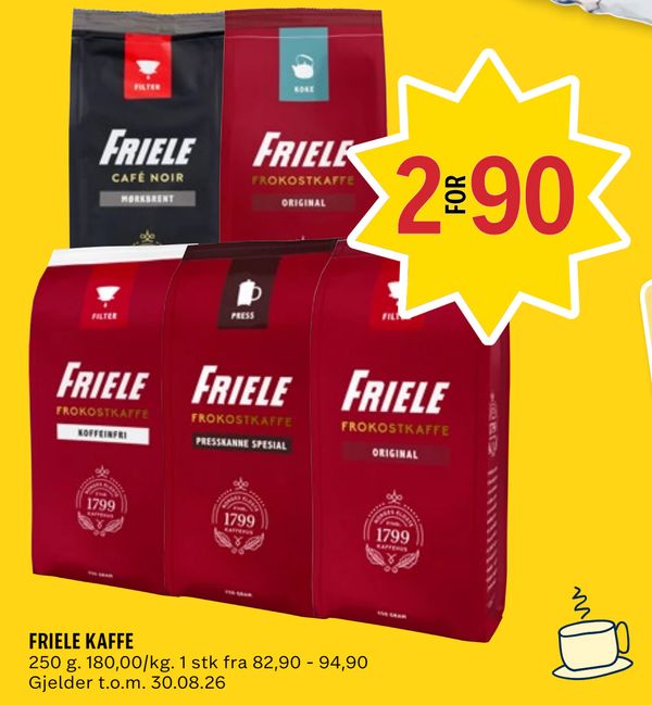 FRIELE KAFFE 250 g. 180,00/kg. 1 stk fra 82,90 - 94,90 Gjelder t.o.m. 30.08.26