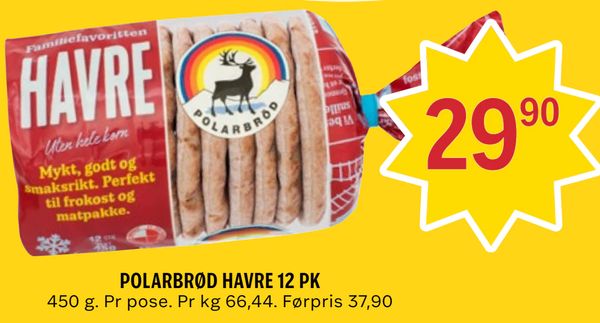 POLARBRØD HAVRE 12 PK 450 g. Pr pose. Pr kg 66,44. Førpris 37,90
