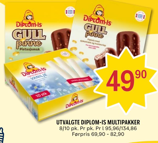 UTVALGTE DIPLOM-IS MULTIPAKKER 8/10 pk. Pr pk. Pr l 95,96/134,86 Førpris 69,90 - 82,90