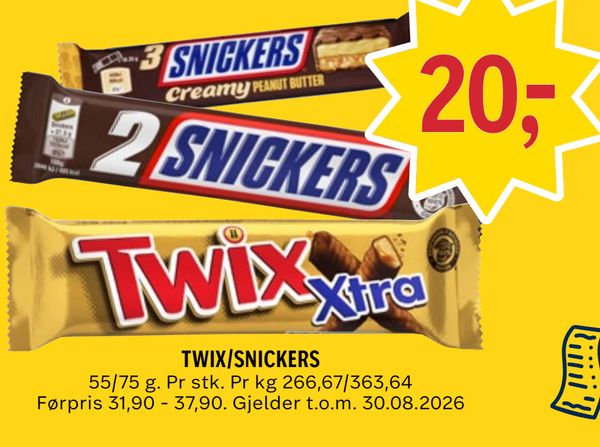 TWIX/SNICKERS 55/75 g. Pr stk. Pr kg 266,67/363,64 Førpris 31,90 - 37,90. Gjelder t.o.m. 30.08.2026