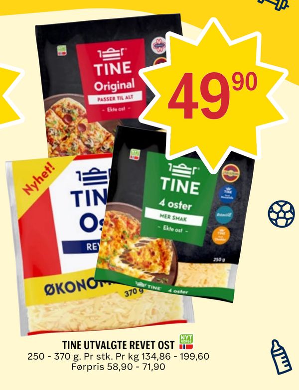 TINE UTVALGTE REVET OST 250 - 370 g. Pr stk. Pr kg 134,86 - 199,60 Førpris 58,90 - 71,90