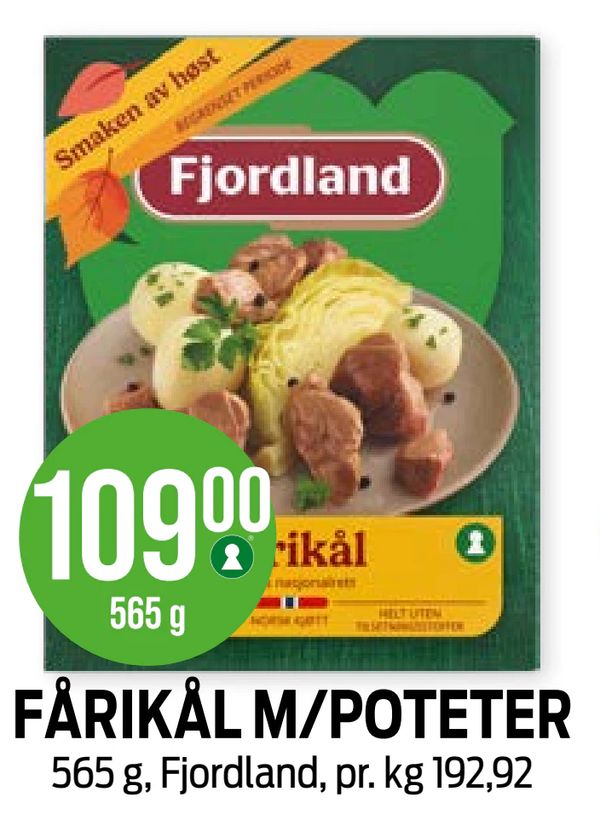 FÅRIKÅL M/POTETER 565 g, Fjordland, pr. kg 192,92