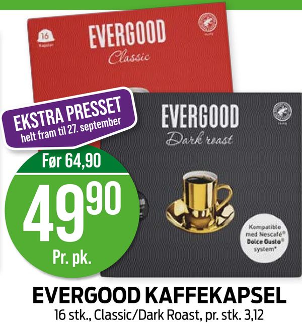 EVERGOOD KAFFEKAPSEL 16 stk., Classic/Dark Roast, pr. stk. 3,12
EKSTRA PRESSET helt fram til 27. september
Før 64,90
Pr. pk.