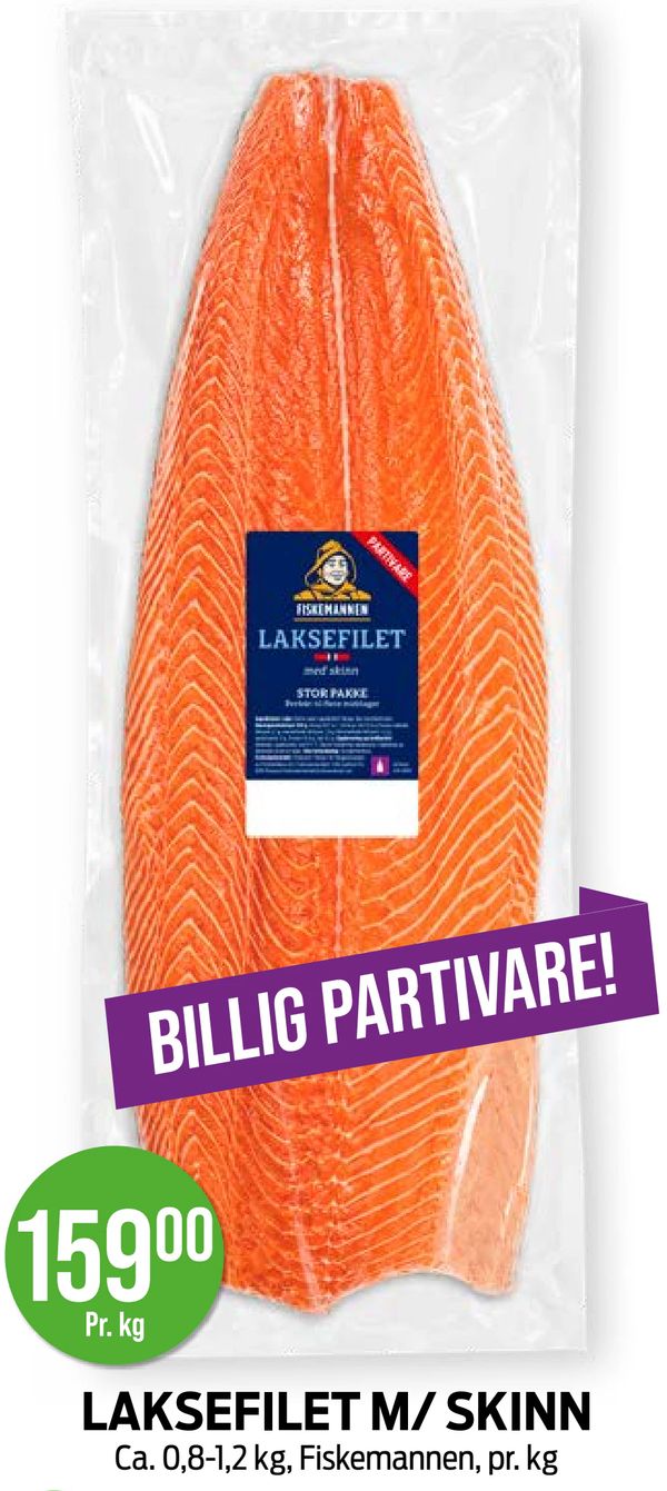 LAKSEFILET M/ SKINN BILLIG PARTIVARE!
Ca. 0,8-1,2 kg, Fiskemannen, pr. kg