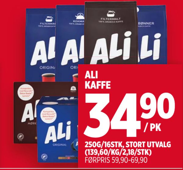 ALI KAFFE 250G/16STK, STORT UTVALG (139,60/KG/2,18/STK) FØRPRIS 59,90-69,90