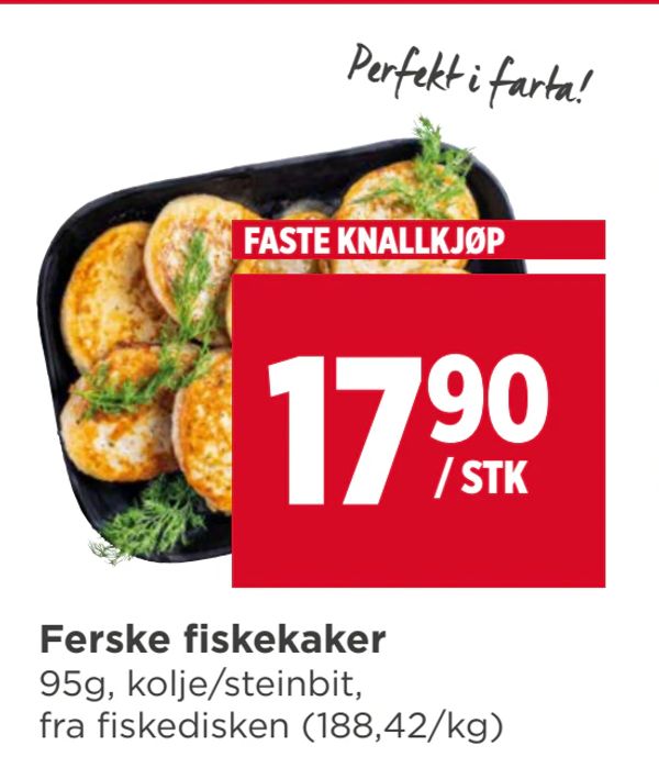 Ferske fiskekaker 95g, kolje/steinbit, fra fi skedisken (188,42/kg) Perfekt i farta! FASTE KNALLKJØP / STK