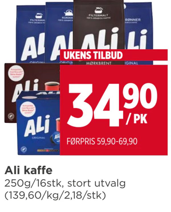 Ali kaffe 250g/16stk, stort utvalg (139,60/kg/2,18/stk)
UKENS TILBUD
/ PK
FØRPRIS 59,90-69,90