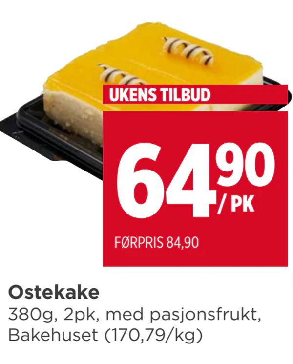 Ostekake 380g, 2pk, med pasjonsfrukt, Bakehuset (170,79/kg)
UKENS TILBUD
/ PK
FØRPRIS 84,90