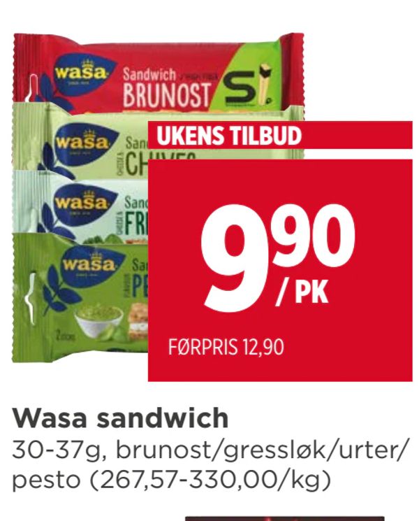 Wasa sandwich 30-37g, brunost/gressløk/urter/ pesto (267,57-330,00/kg)
UKENS TILBUD
/ PK
FØRPRIS 12,90