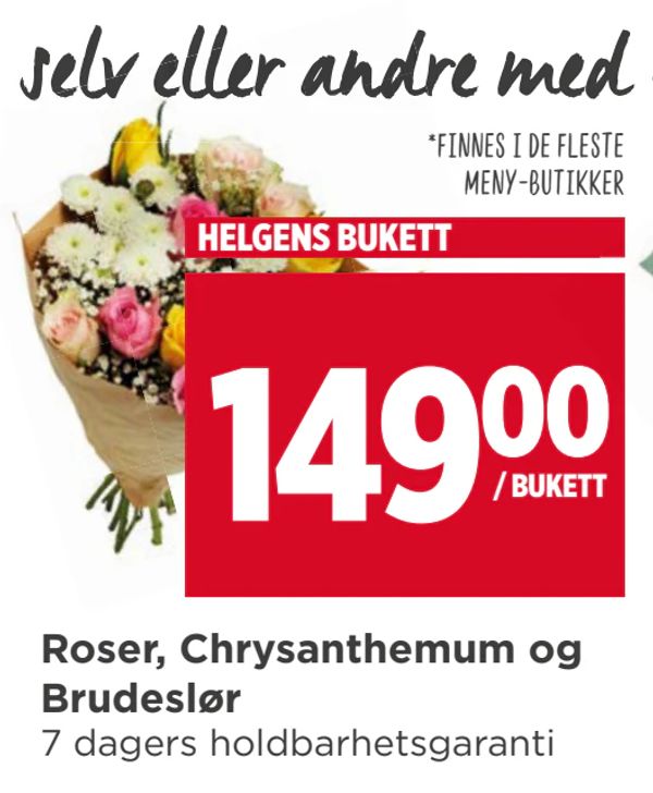 Roser, Chrysanthemum og Brudeslør 7 dagers holdbarhetsgaranti HELGENS BUKETT *Finnes i de fleste MENY-butikker Gled deg selv eller andre med blomster!