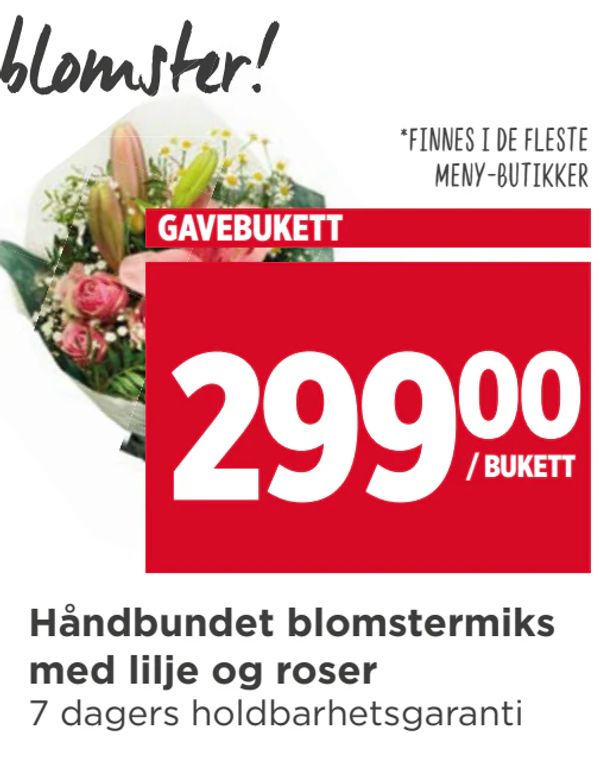 Håndbundet blomstermiks med lilje og roser 7 dagers holdbarhetsgaranti GAVEBUKETT *Finnes i de fleste MENY-butikker Gled deg selv eller andre med blomster!