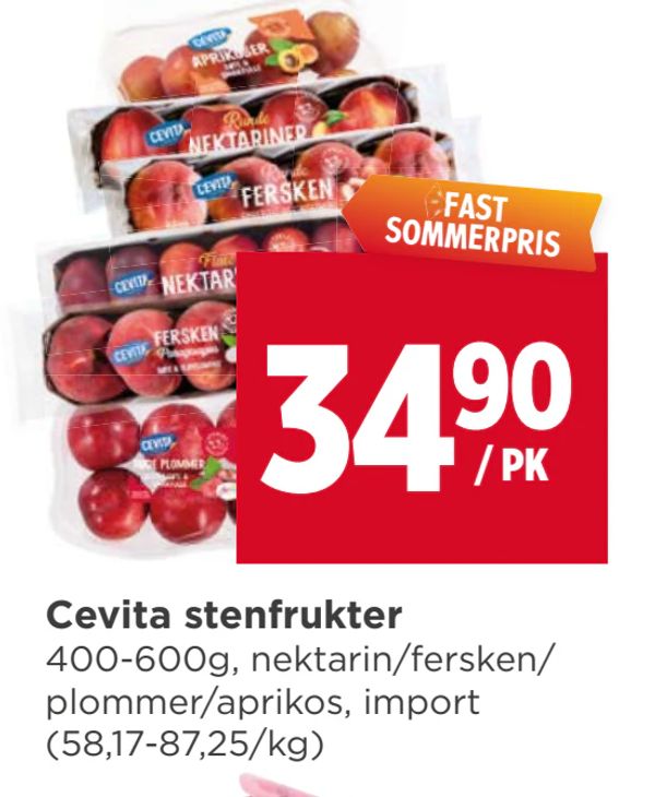 Cevita stenfrukter 400-600g, nektarin/fersken/ plommer/aprikos, import (58,17-87,25/kg) FAST SOMMERPRIS