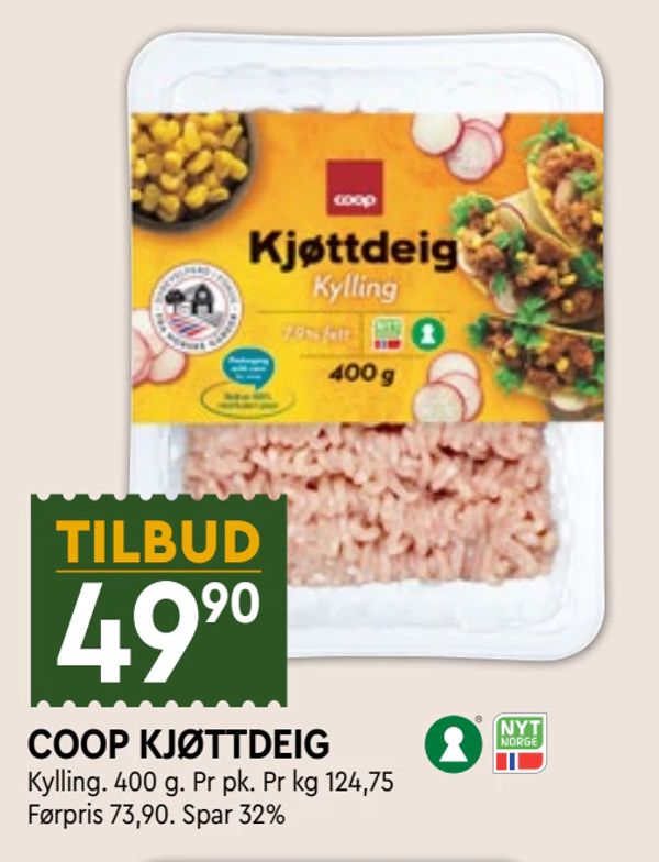 COOP KJØTTDEIG Kylling. 400 g. Pr pk. Pr kg 124,75 Førpris 73,90. Spar 32%