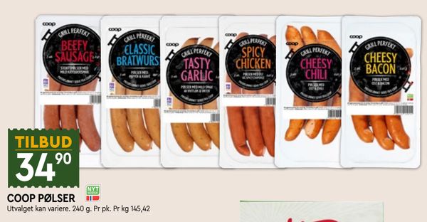 COOP PØLSER TILBUD 34,90
Utvalget kan variere. 240 g. Pr pk. Pr kg 145,42