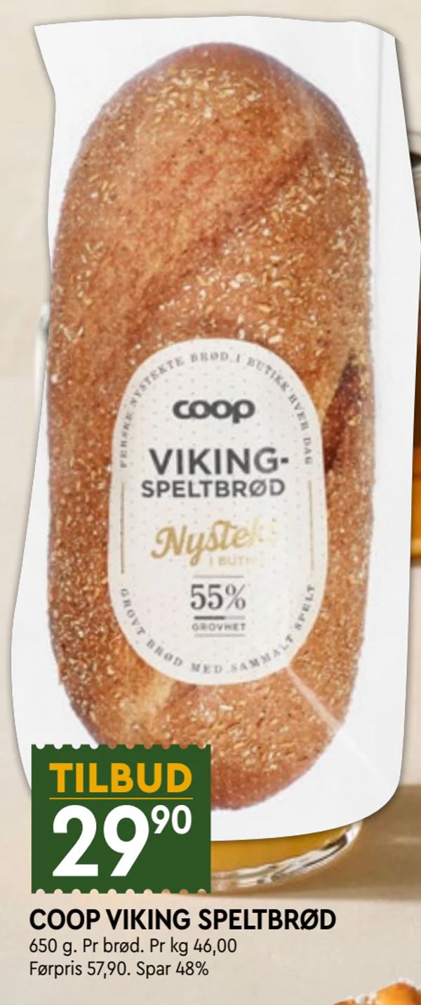 COOP VIKING SPELTBRØD 650 g. Pr brød. Pr kg 46,00
Førpris 57,90. Spar 48%
