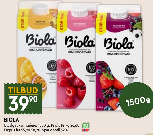 BIOLA Utvalget kan variere. 1500 g. Pr pk. Pr kg 26,60
Førpris fra 55,90-58,90. Spar opptil 32%
